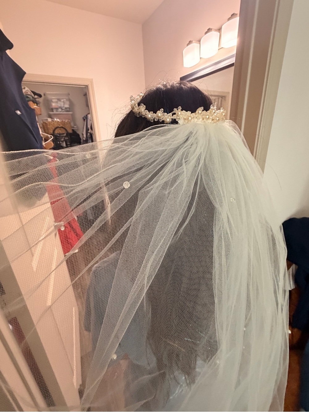 Ivory Pearl-Accented Bridal Veil with Decorative Tiara